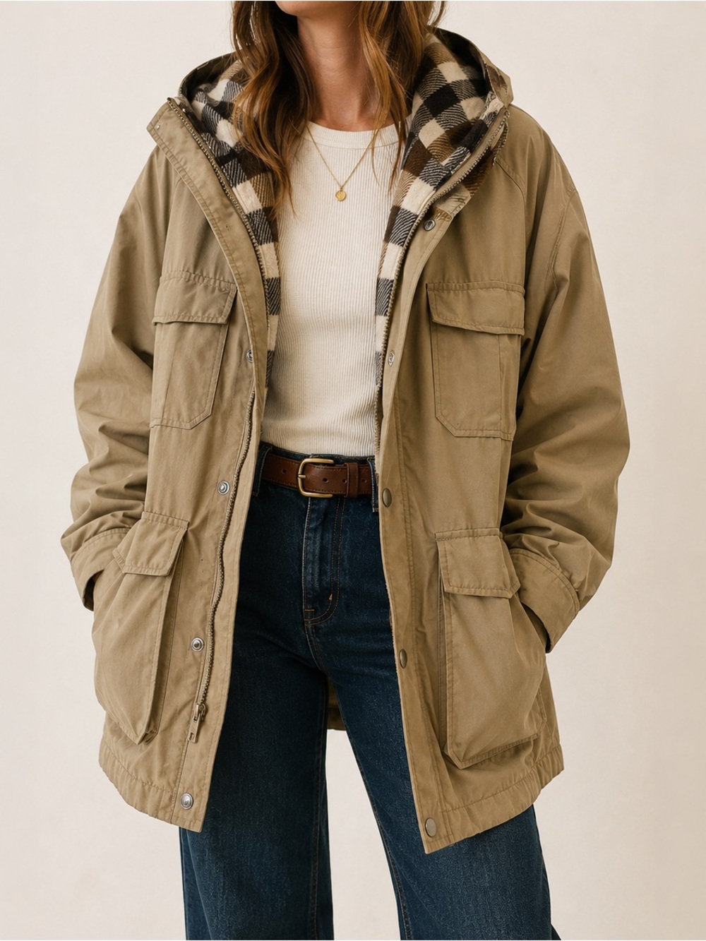 Vintage L.L.Bean Baxter State Parka Tan 60/40 Wool Plaid Utility Jacket Large